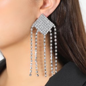 Square Stud Diamante Drop Earrings In Silver,, Silver