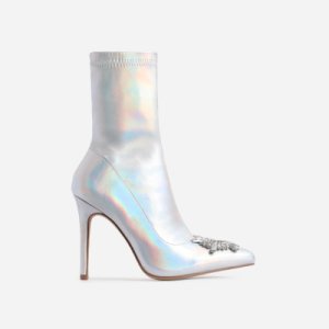 Starlight Diamante Detail Ankle Sock Boot In Silver Holographic Faux Leather, Silver