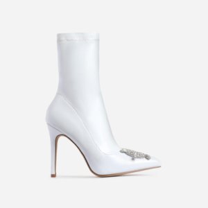 Starlight Diamante Detail Ankle Sock Boot In White Patent, White