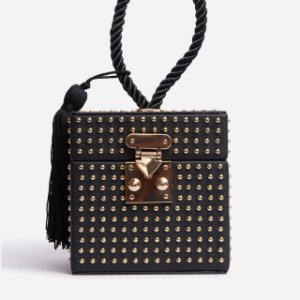 Studded Detail Box Bag In Black Faux Leather,, Black
