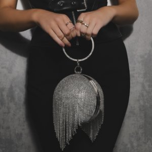 Tassel Detail Diamante Sphere Bag In Silver,, Silver