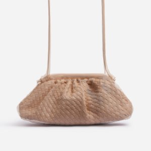 Woven Pouch Cross Body Bag In Cream Faux Leather,, Nude