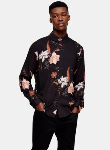Schmales Hemd mit floralen Print, schwarz, SCHWARZ