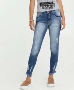 Calça Feminina Jeans Destroyed Strass Skinny Biotipo