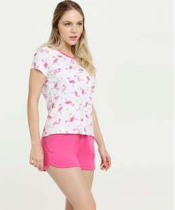 Evanilda - Pijama feminino estampa flamingo manga curta