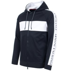 Zip Through Hoodie with Taped Sleeves in Navy/White