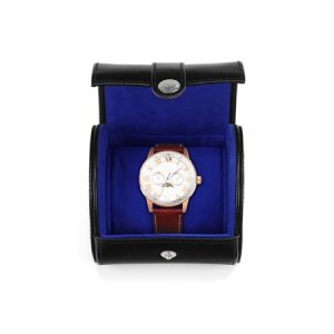 Aspinal of London Luxury Watch Roll - Travel Watch Roll In Smooth Black & Cobalt Blue Suede