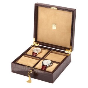 Aspinal of London Mens Handmade Watchbox - Square Four Watch Box In Amazon Brown Croc