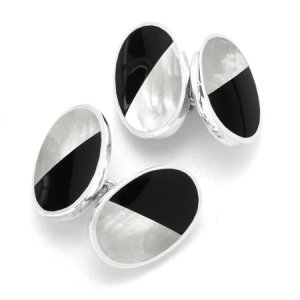 Aspinal of London Mens Sterling Silver Black Onyx & Mother Pearl Oval Bicolour Cufflinks