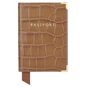 Aspinal of London Plain Passport Cover in Deep Shine Vintage Tan Croc & Cappuccino Suede, Adult Unisex, Brown