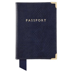 Aspinal of London Plain Passport Cover in Midnight Blue Lizard & Cream Suede, Adult Unisex