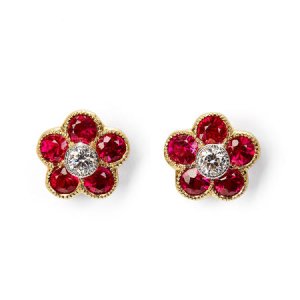 Athena 18ct Gold Ruby & Diamond Cluster Stud Earrings