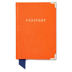 Passport Cover in Bright Orange Saffiano & Stone Suede