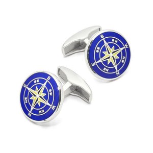 Sterling Silver Compass Rose Cufflinks in Mid Blue Enamel