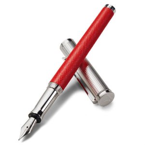 Aspinal Of London - Sterling silver & leather fountain pen in scarlet saffiano