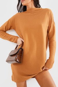 Camel Dresses - Camel Slouchy Knitted Jumper Mini Dress
