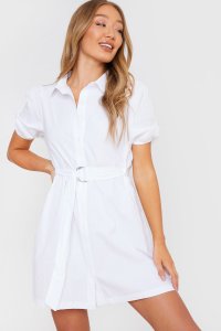 White Dresses - White Poplin Puff Sleeve Belted Shirt Dress