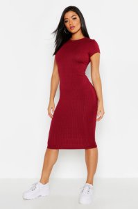 Cap Sleeved Ribbed Bodycon Dress, Berry