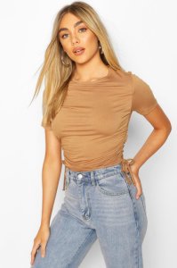 Boohoo - Crew neck ruched side t-shirt, camel