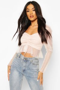 Dobby Mesh Puff Sleeve Tie Front Top, Blush