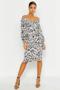 Leopard Print Off Shoulder Wrap Midi Dress
