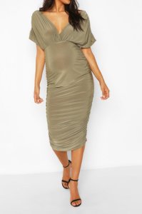 Maternity Ruched Side Wrap Midi Dress, Khaki