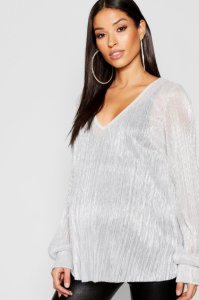 Maternity Shimmer Plisse Plunge Swing Top, Silver