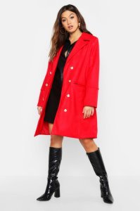 Military Double Breasted Wool Look Coat, Red