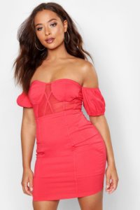 Off The Shoulder Cupped Panelled Mini Dress, Coral
