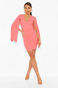 Plunge Cape Sleeve Mini Bodycon Dress, Coral
