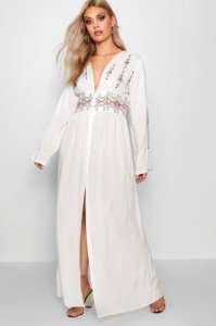 Plus Embroidered Plunge Maxi Dress, Ivory