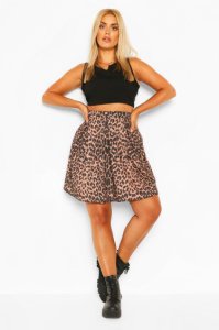 Plus Leopard Print Box Pleat Skater Skirt, Brown