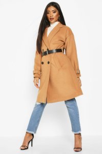 Pu Belted Trench Wool Look Coat, Camel