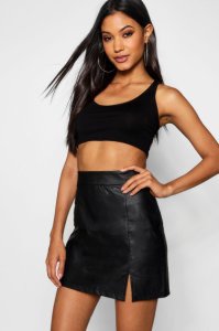 Split Front Leather Look Mini Skirt
