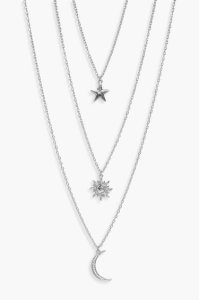 Star Sun Moon Layered Necklace, Silver