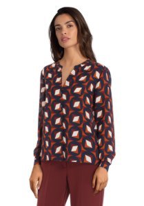 Bruine blouse oranje-blauwe seventiesprint