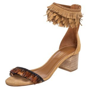 Aquazzura Beige Suede Fringe And Feather Open Toe Ankle strap Sandals Size 36