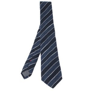 Brunello Cucinelli Blue Cotton Linen Striped Narrow Tie