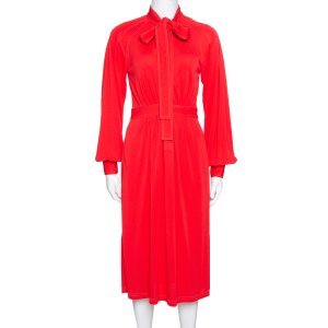 Burberry Red Jersey Top Stitch Detail Tie Neck Dress XS