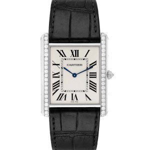 Cartier Silver Diamonds 18K White Gold Tank Louis XL WT200006 Men's Wristwatch 40 x 35 MM