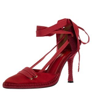 Castaner By Manolo Blahnik Red Satin And Canvas Espadrille Pointed Toe Ankle Tie Sandals Size 39