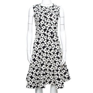 CH Carolina Herrera Monochrome Floral Jacquard Flared Dress S