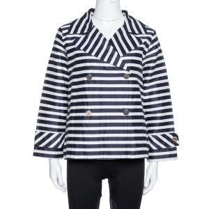 CH Carolina Herrera Navy Blue and White Striped Double Breasted Jacket M