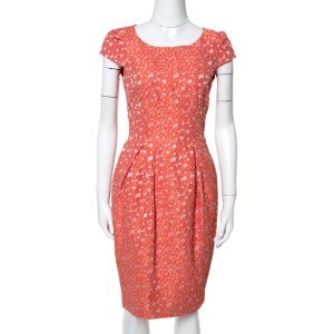 CH Carolina Herrera Orange Floral Jacquard Sheath Dress S