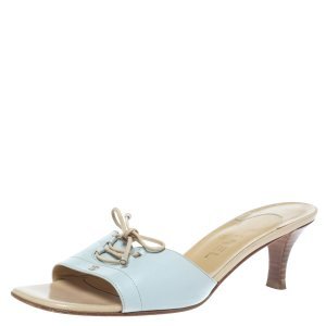 Chanel Powder Blue Leather Lace Bow And CC Embellished Slide Sandals Size 39