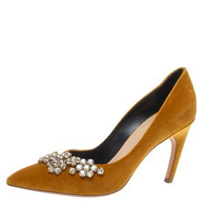 Dior Mustard Yellow Suede Embellished Pointed Toe Pumps Size 40