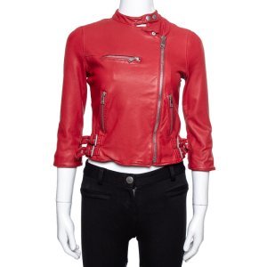 Dolce & Gabbana Red Washed Leather Biker Jacket S