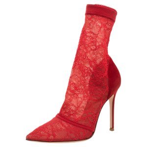 Gianvito Rossi Red Suede And Lace Pointed Toe Ankle Booties Size 38