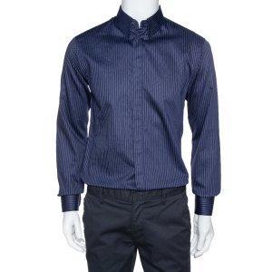 Giorgio Armani Navy Blue Pinstriped Cotton Long Sleeve Shirt M