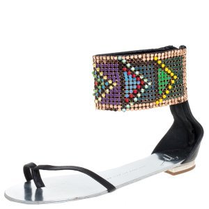 Giuseppe Zanotti Multicolor Beads and Leather Ankle Wrap Flat Sandals Size 39